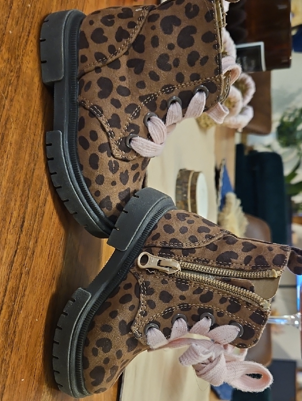 Cat & Jack Brown Leopard Print Toddler Boots with Pink Laces